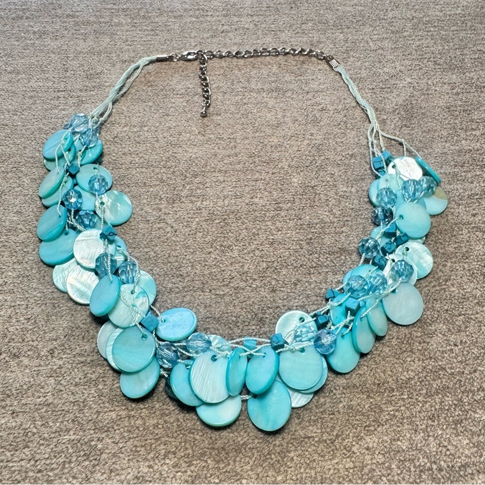 Y2K Aqua Blue Shell Disc Layered Beaded Necklace